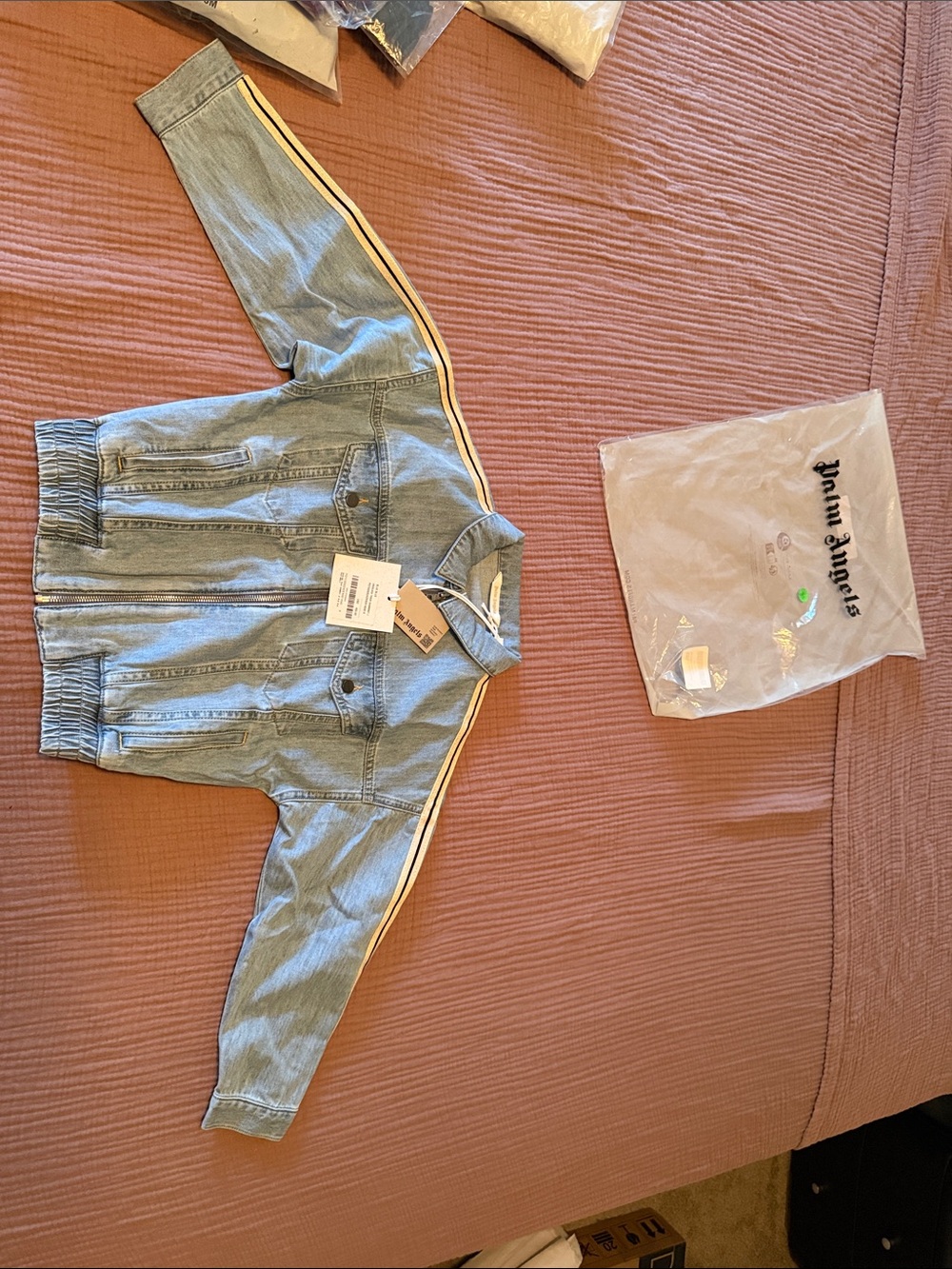 Palm Angels Kids Light Blue Denim Jacket with Yellow Side Stripe